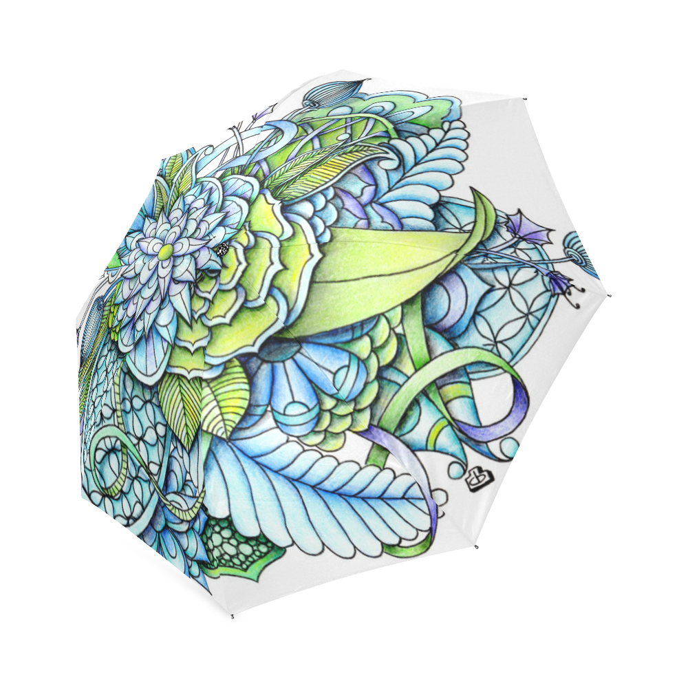 Blue green flower drawing Peaceful Garden Foldable Umbrella (Model U01)