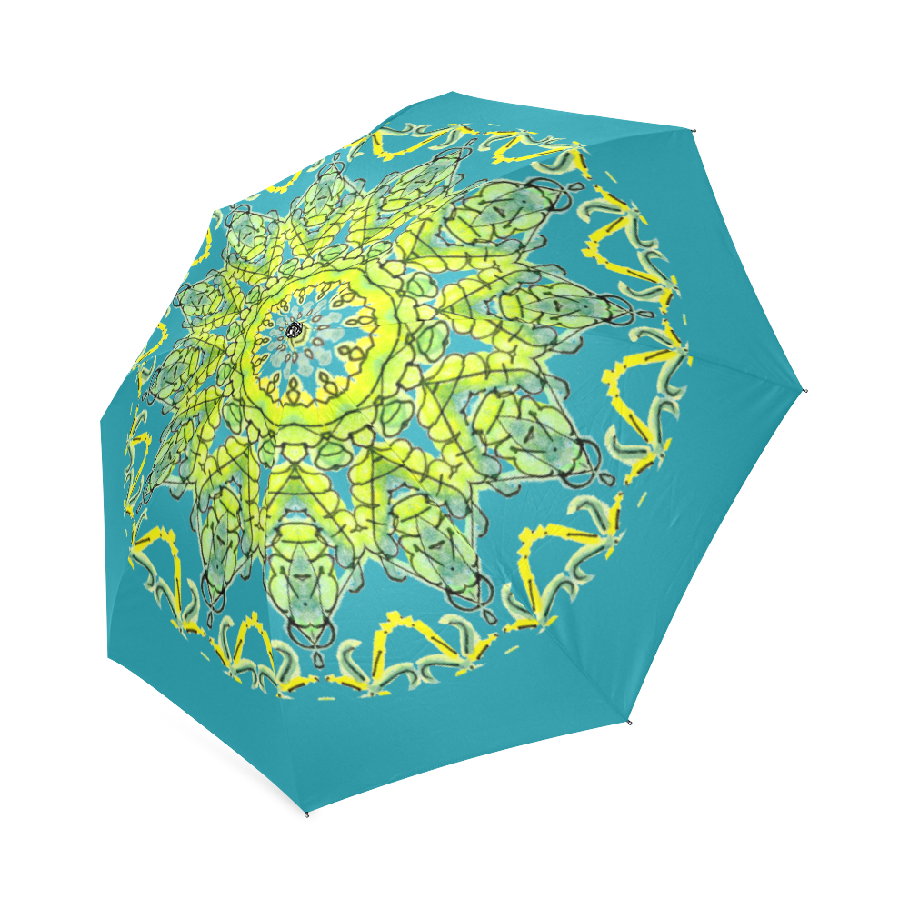 Lime Green Yellow Leaves Star Matrix Mandala Dark Teal Foldable Umbrella (Model U01)