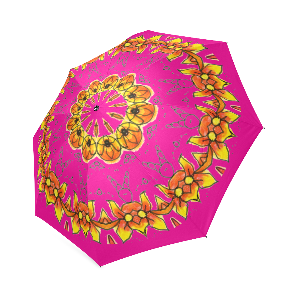 Dancing Orange Yellow Flowers Ladybugs Mandala Rose Foldable Umbrella (Model U01)