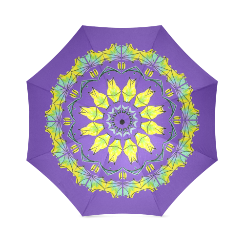 Yellow Green Purple Flowers Leaves Wheel Mandala Purple Foldable Umbrella (Model U01)