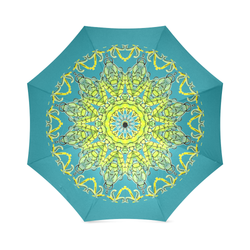 Lime Green Yellow Leaves Star Matrix Mandala Dark Teal Foldable Umbrella (Model U01)