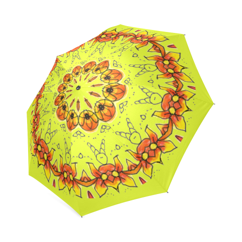 Dancing Orange Yellow Flowers Ladybugs Mandala Yellow Green Foldable Umbrella (Model U01)