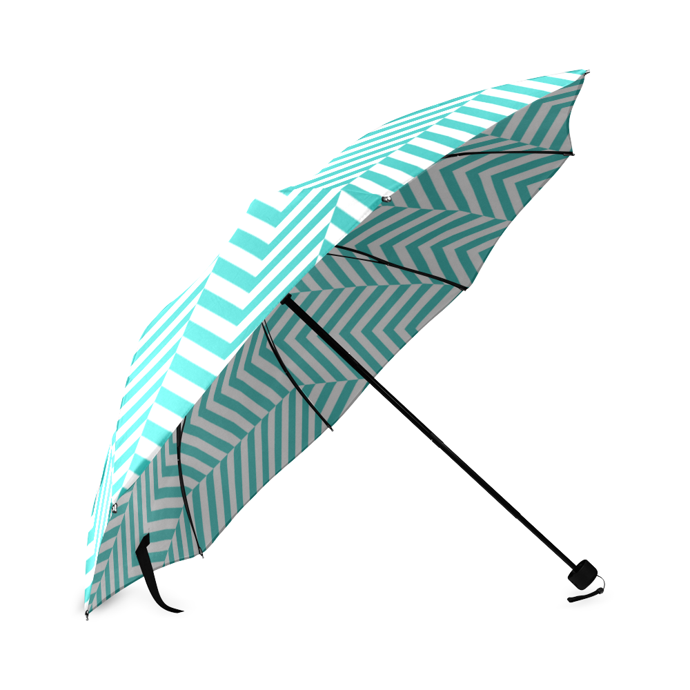 turquoise and white classic chevron pattern Foldable Umbrella (Model U01)
