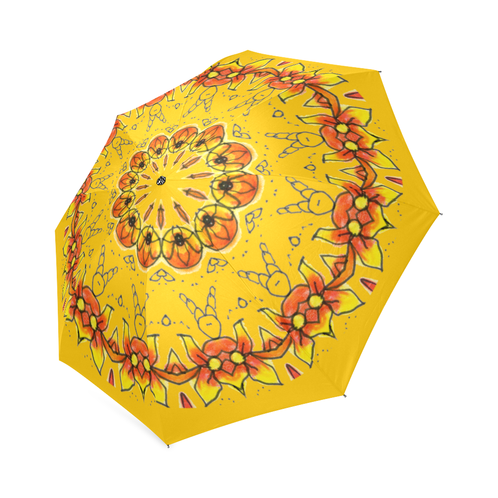 Dancing Orange Yellow Flowers Ladybugs Mandala Golden Foldable Umbrella (Model U01)