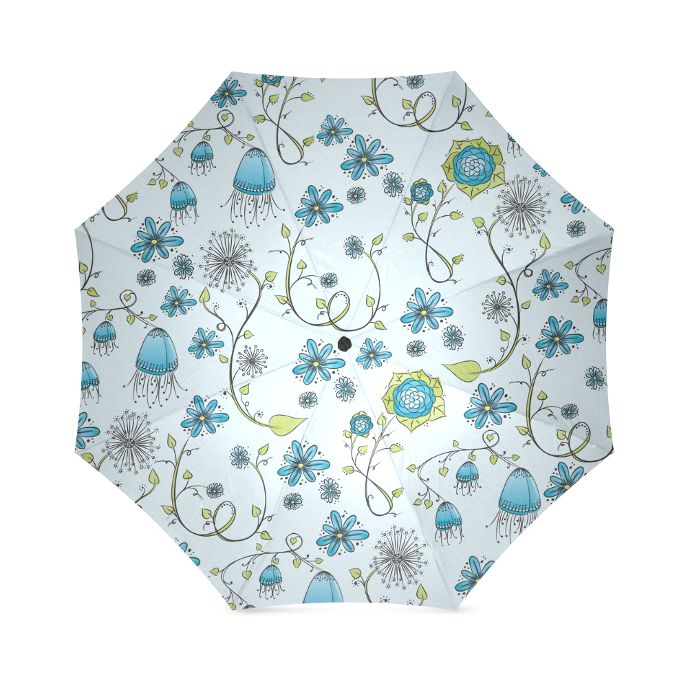 blue fantasy doodle flower pattern Foldable Umbrella (Model U01)