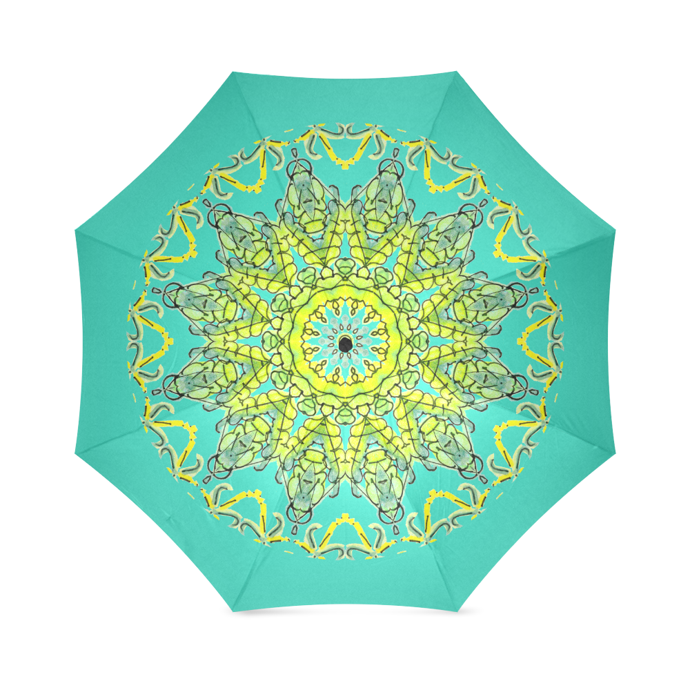 Lime Green Yellow Leaves Star Matrix Mandala Bright Teal Foldable Umbrella (Model U01)