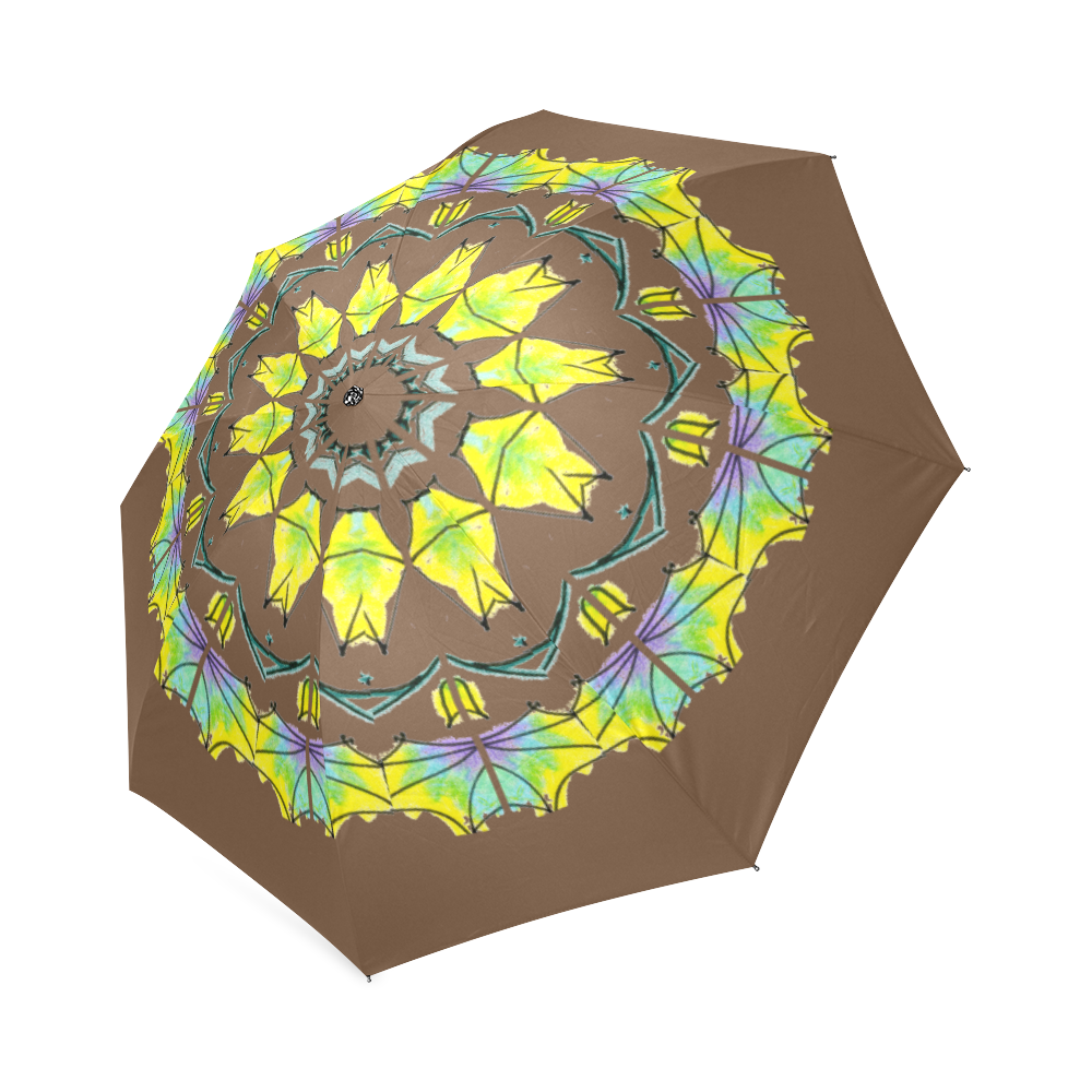 Yellow Green Purple Flowers Leaves Wheel Mandala Brown Foldable Umbrella (Model U01)