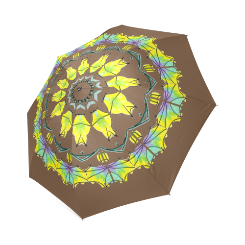 Yellow Green Purple Flowers Leaves Wheel Mandala Brown Foldable Umbrella (Model U01)