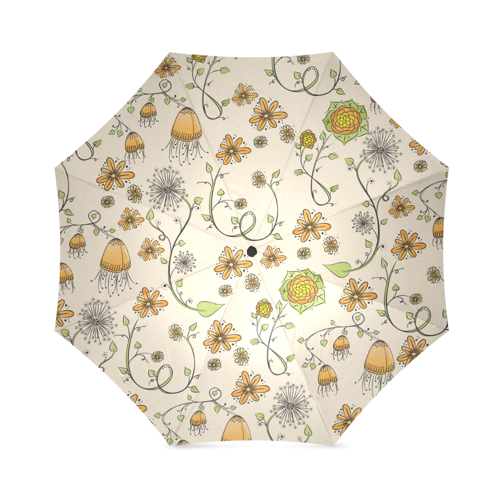 yellow orange fantasy doodle flower pattern Foldable Umbrella (Model U01)