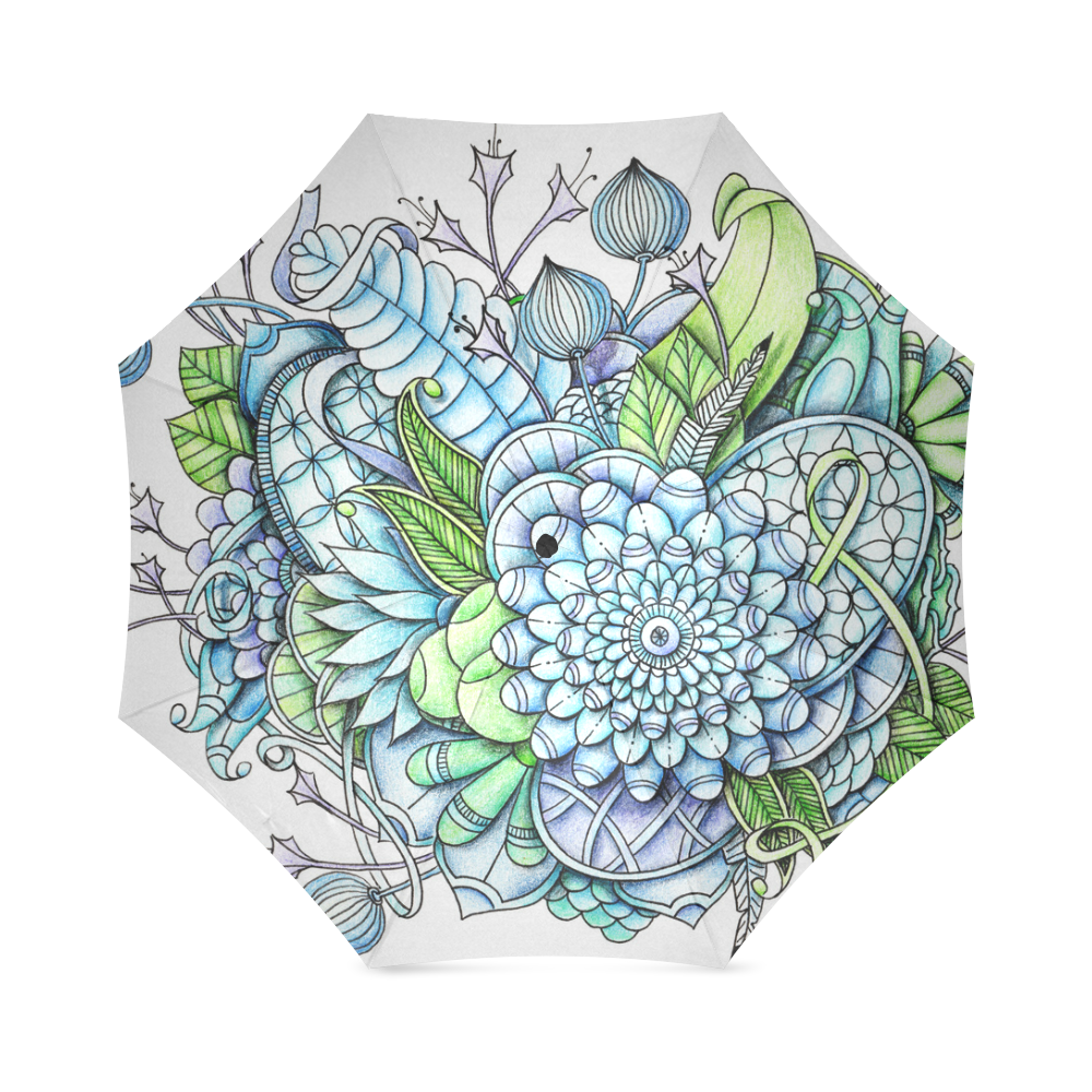Blue Green flower drawing peaceful garden 2 Foldable Umbrella (Model U01)