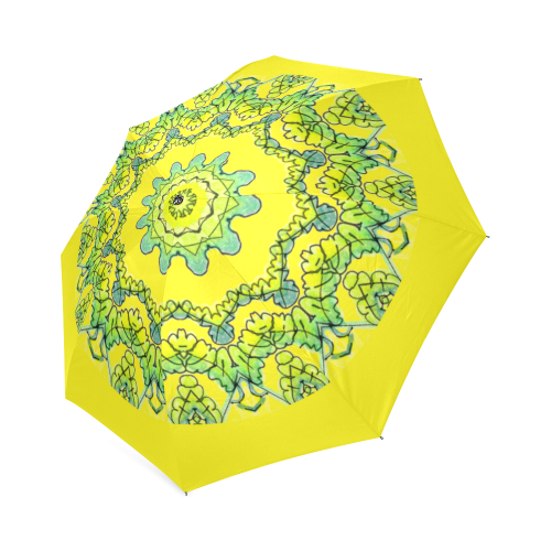 Glowing Green Leaves Flower Arches Star Mandala Golden Yellow Foldable Umbrella (Model U01)