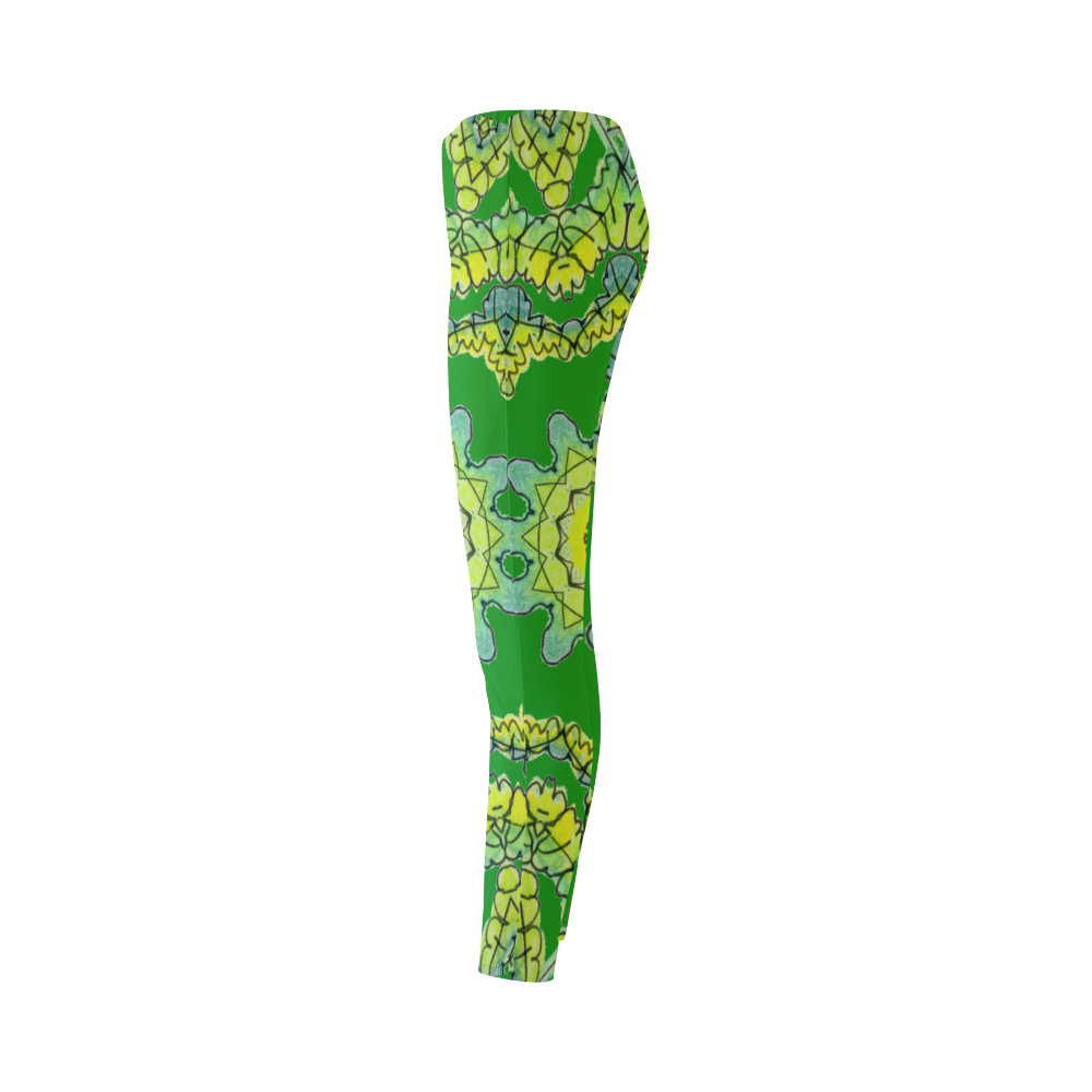 Glowing Green Leaves Flower Arches Star Mandala Green Cassandra Women's Leggings (Model L01)