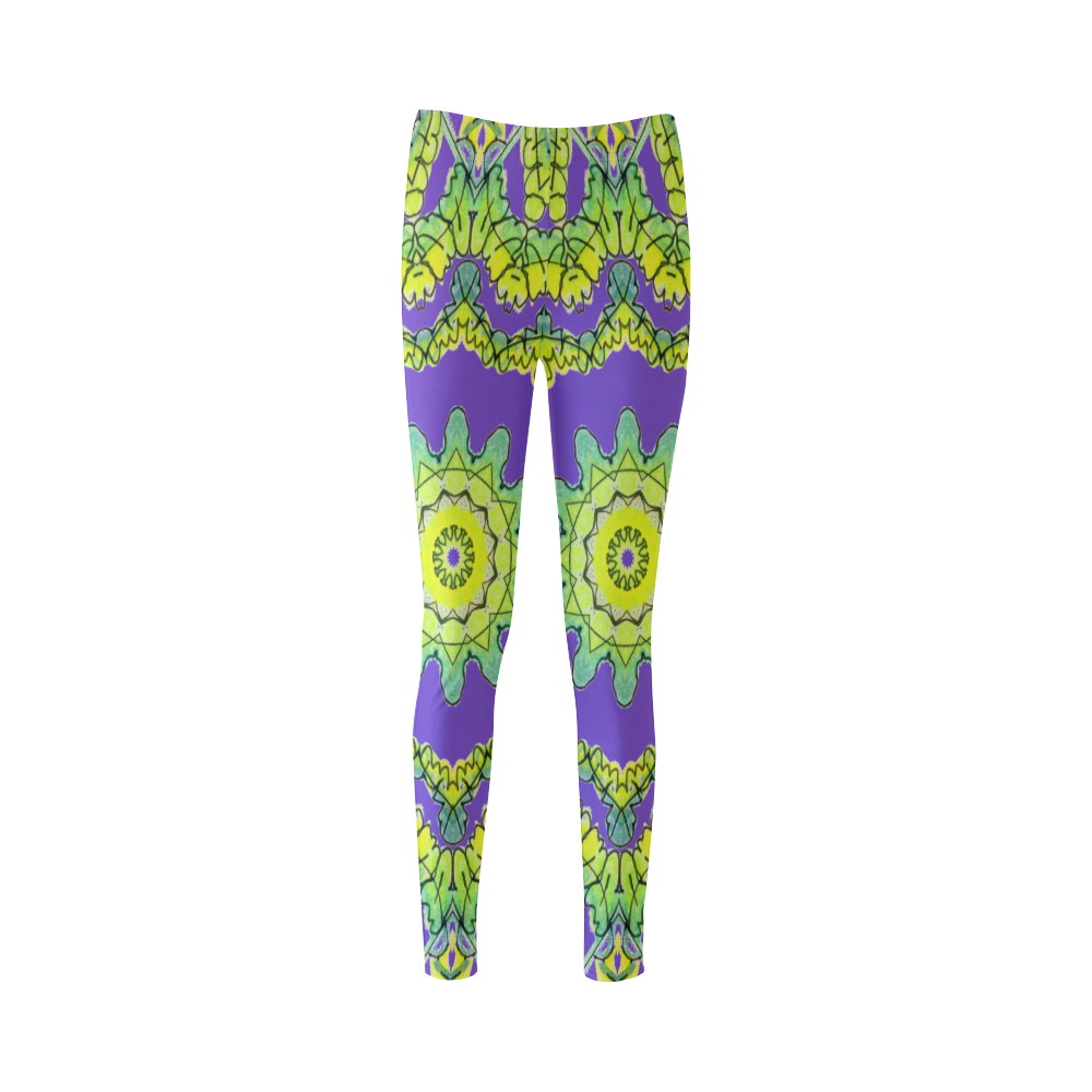 Glowing Green Leaves Flower Arches Star Mandala Purple Cassandra Women's Leggings (Model L01)