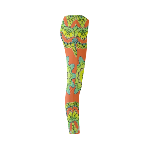 Glowing Green Leaves Flower Arches Star Mandala Orange Cassandra Women's Leggings (Model L01)