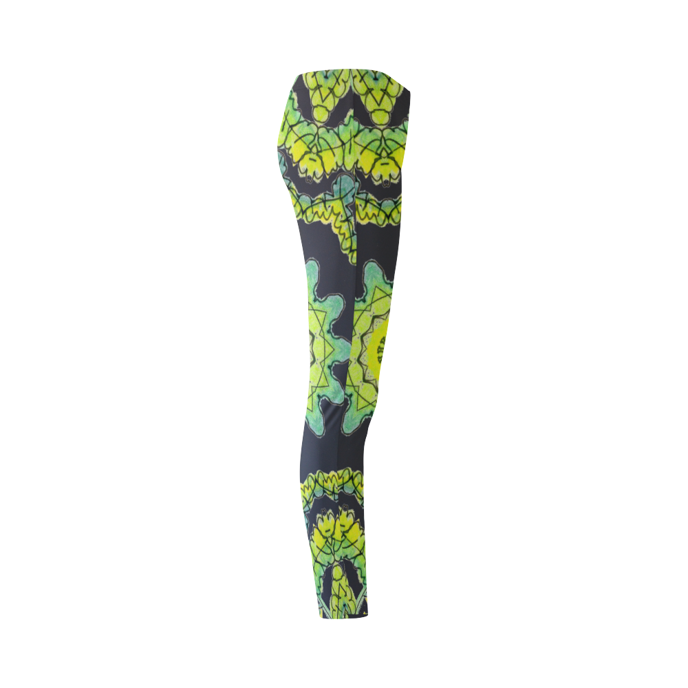 Glowing Green Leaves Flower Arches Star Mandala Black Cassandra Women's Leggings (Model L01)