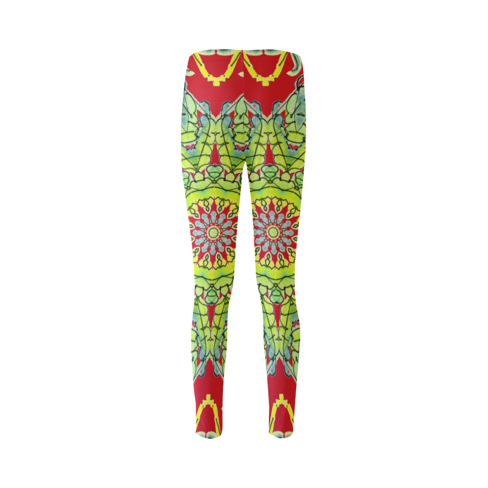 Lime Green Yellow Leaves Star Matrix Mandala Red Cassandra Women's Leggings (Model L01)