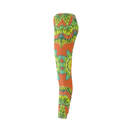 Glowing Green Leaves Flower Arches Star Mandala Orange Cassandra Women's Leggings (Model L01)