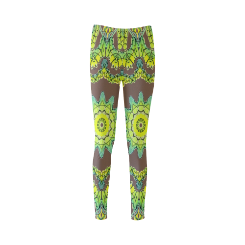 Glowing Green Leaves Flower Arches Star Mandala Dark Brown Cassandra Women's Leggings (Model L01)