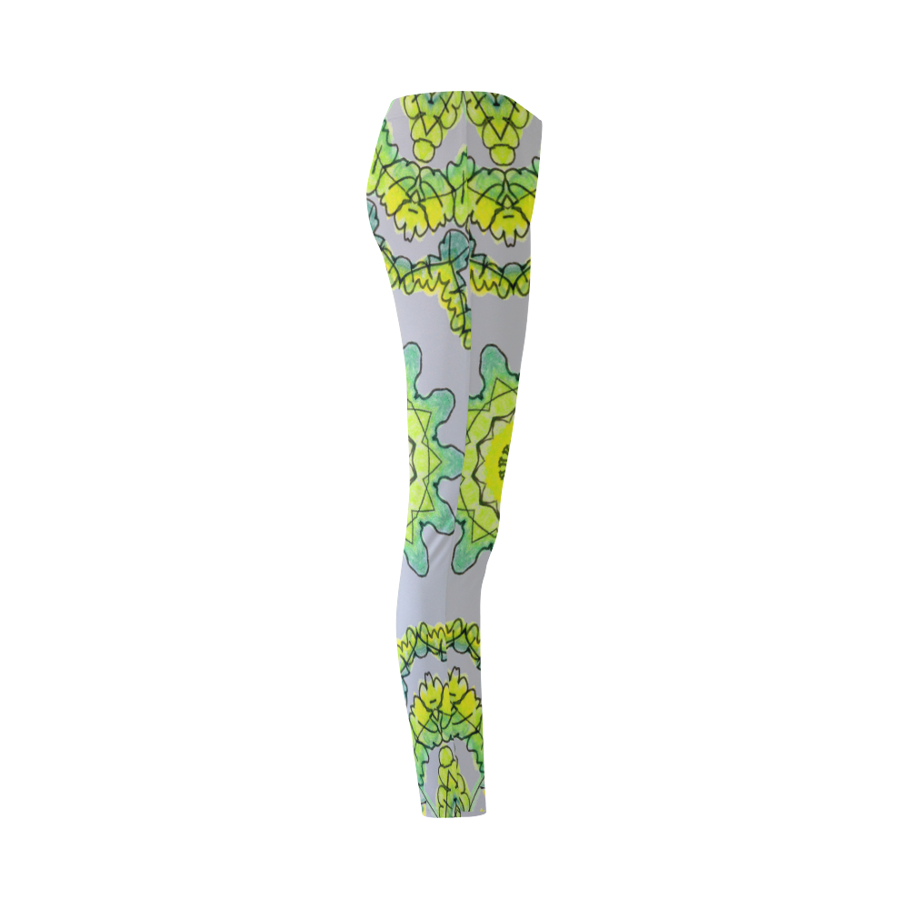Glowing Green Leaves Flower Arches Star Mandala Gray Cassandra Women's Leggings (Model L01)