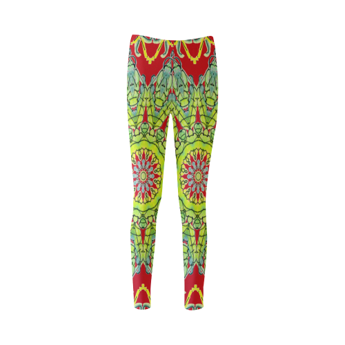 Lime Green Yellow Leaves Star Matrix Mandala Red Cassandra Women's Leggings (Model L01)