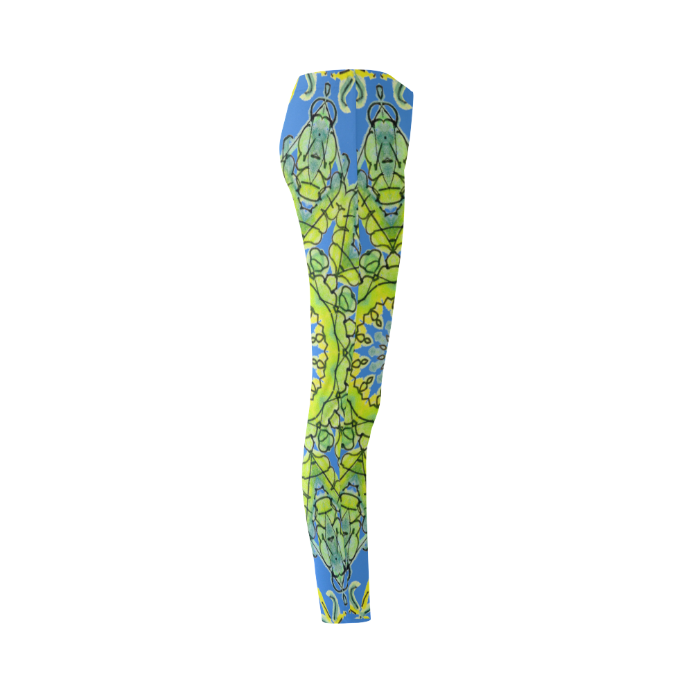 Lime Green Yellow Leaves Star Matrix Mandala Blue Cassandra Women's Leggings (Model L01)