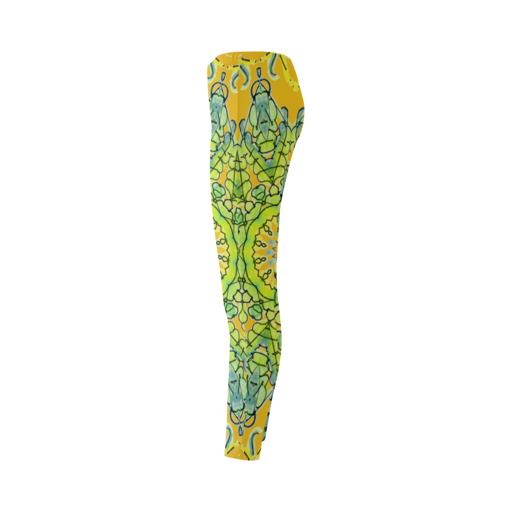 Lime Green Yellow Leaves Star Matrix Mandala Gold Cassandra Women's Leggings (Model L01)