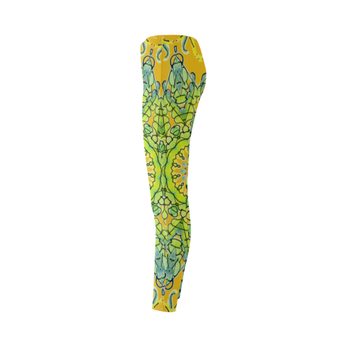 Lime Green Yellow Leaves Star Matrix Mandala Gold Cassandra Women's Leggings (Model L01)