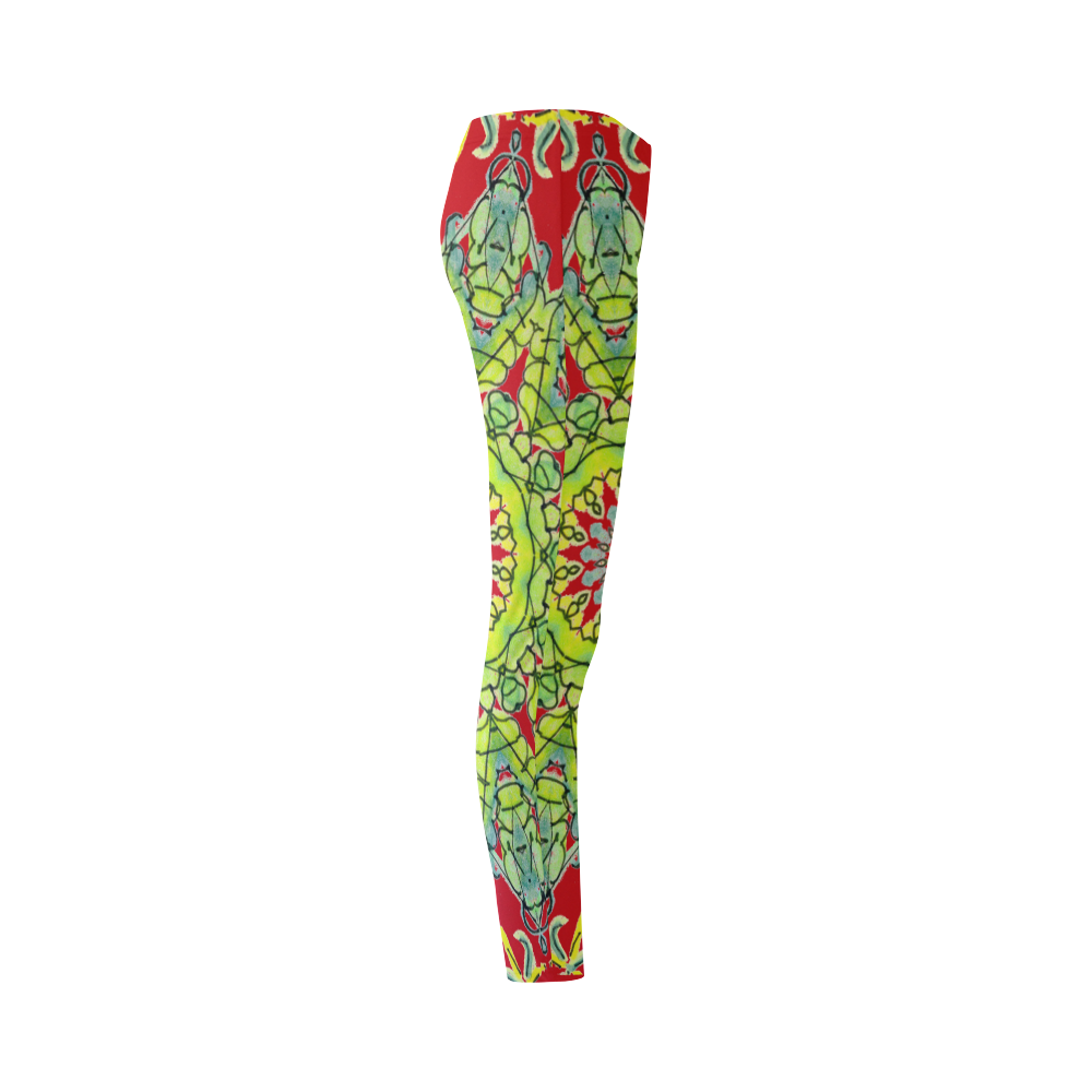 Lime Green Yellow Leaves Star Matrix Mandala Red Cassandra Women's Leggings (Model L01)