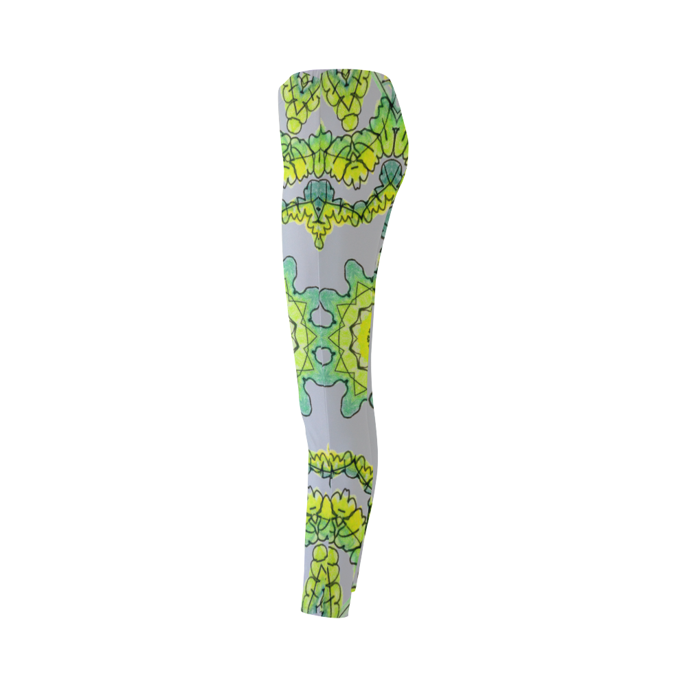 Glowing Green Leaves Flower Arches Star Mandala Gray Cassandra Women's Leggings (Model L01)