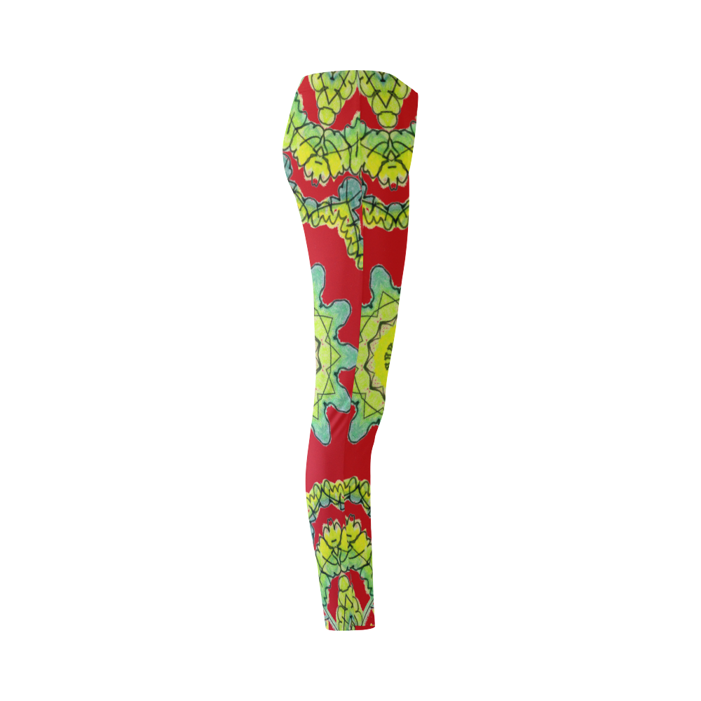 Glowing Green Leaves Flower Arches Star Mandala Red Cassandra Women's Leggings (Model L01)