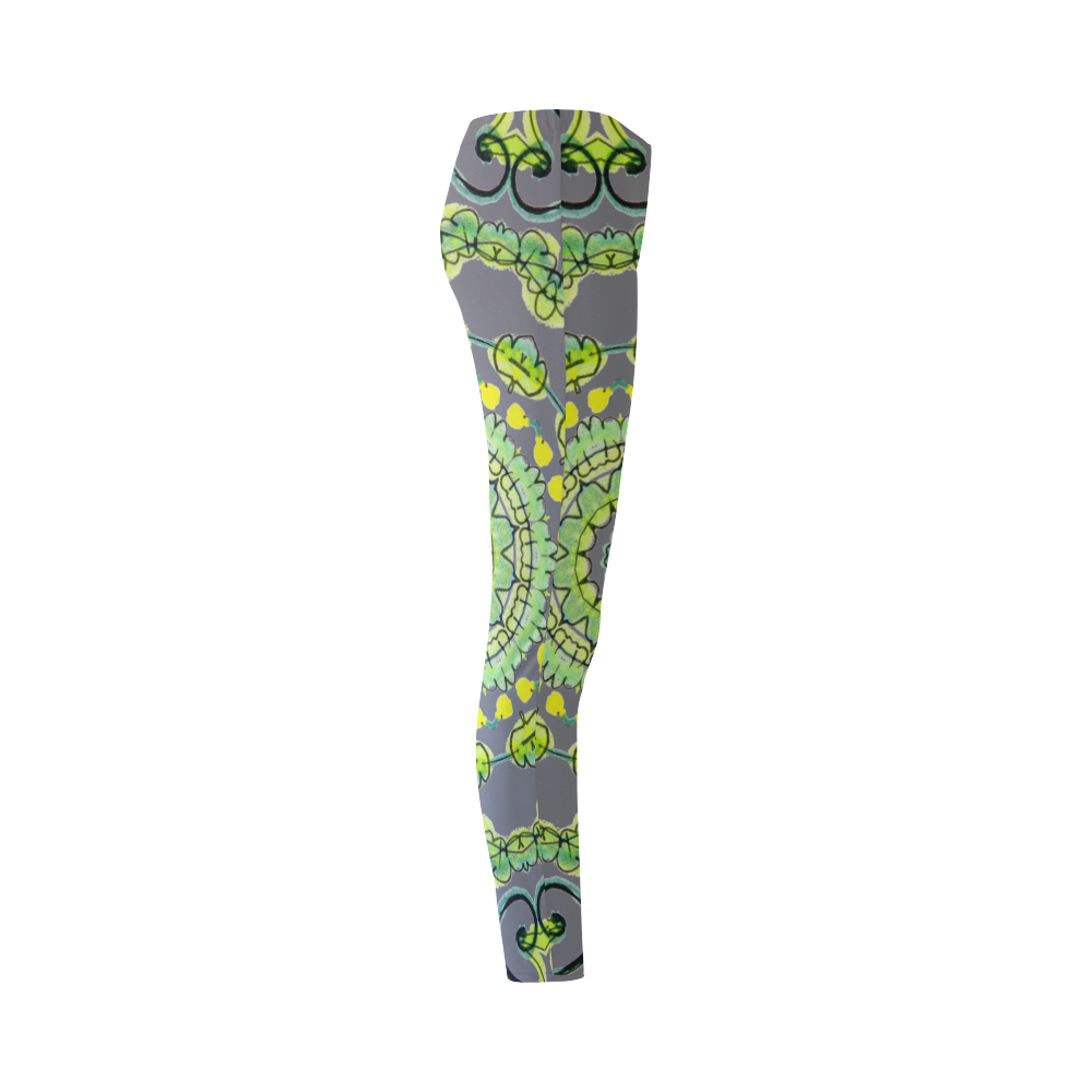 Green Lace Flowers, Leaves Mandala Design Gray Cassandra Women's Leggings (Model L01)