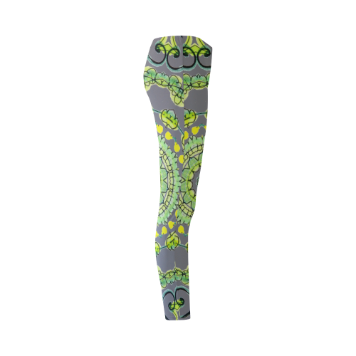 Green Lace Flowers, Leaves Mandala Design Gray Cassandra Women's Leggings (Model L01)