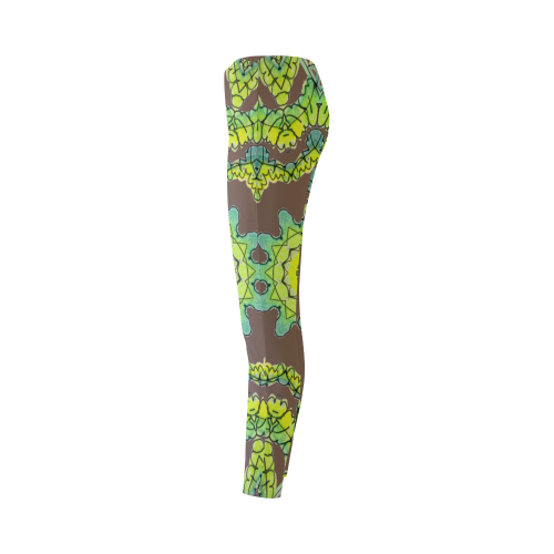 Glowing Green Leaves Flower Arches Star Mandala Dark Brown Cassandra Women's Leggings (Model L01)