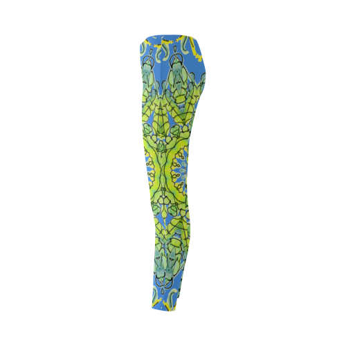 Lime Green Yellow Leaves Star Matrix Mandala Blue Cassandra Women's Leggings (Model L01)