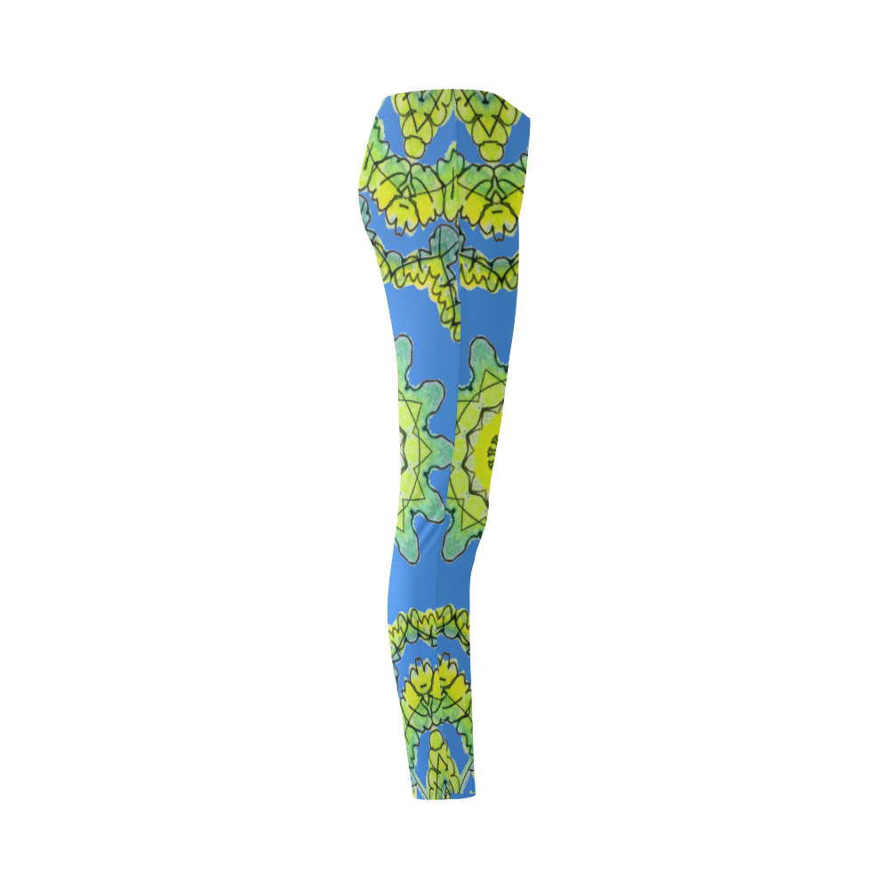 Glowing Green Leaves Flower Arches Star Mandala Blue Cassandra Women's Leggings (Model L01)