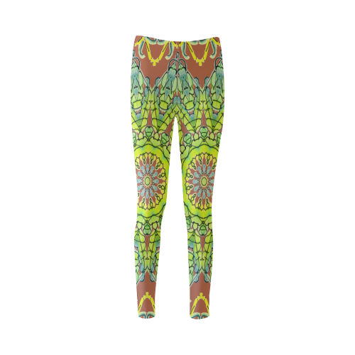 Lime Green Yellow Leaves Star Matrix Mandala Brown Cassandra Women's Leggings (Model L01)