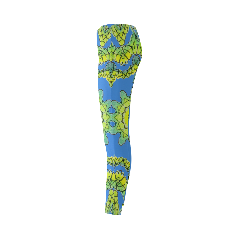 Glowing Green Leaves Flower Arches Star Mandala Blue Cassandra Women's Leggings (Model L01)