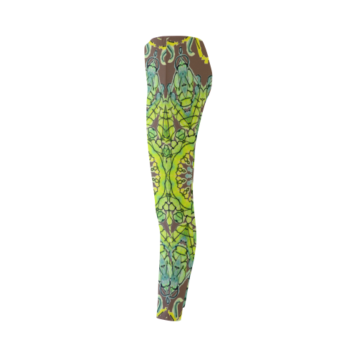 Lime Green Yellow Leaves Star Matrix Mandala Dark Brown Cassandra Women's Leggings (Model L01)