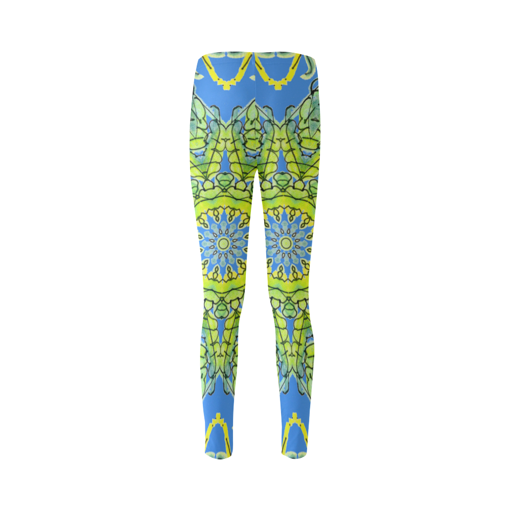 Lime Green Yellow Leaves Star Matrix Mandala Blue Cassandra Women's Leggings (Model L01)