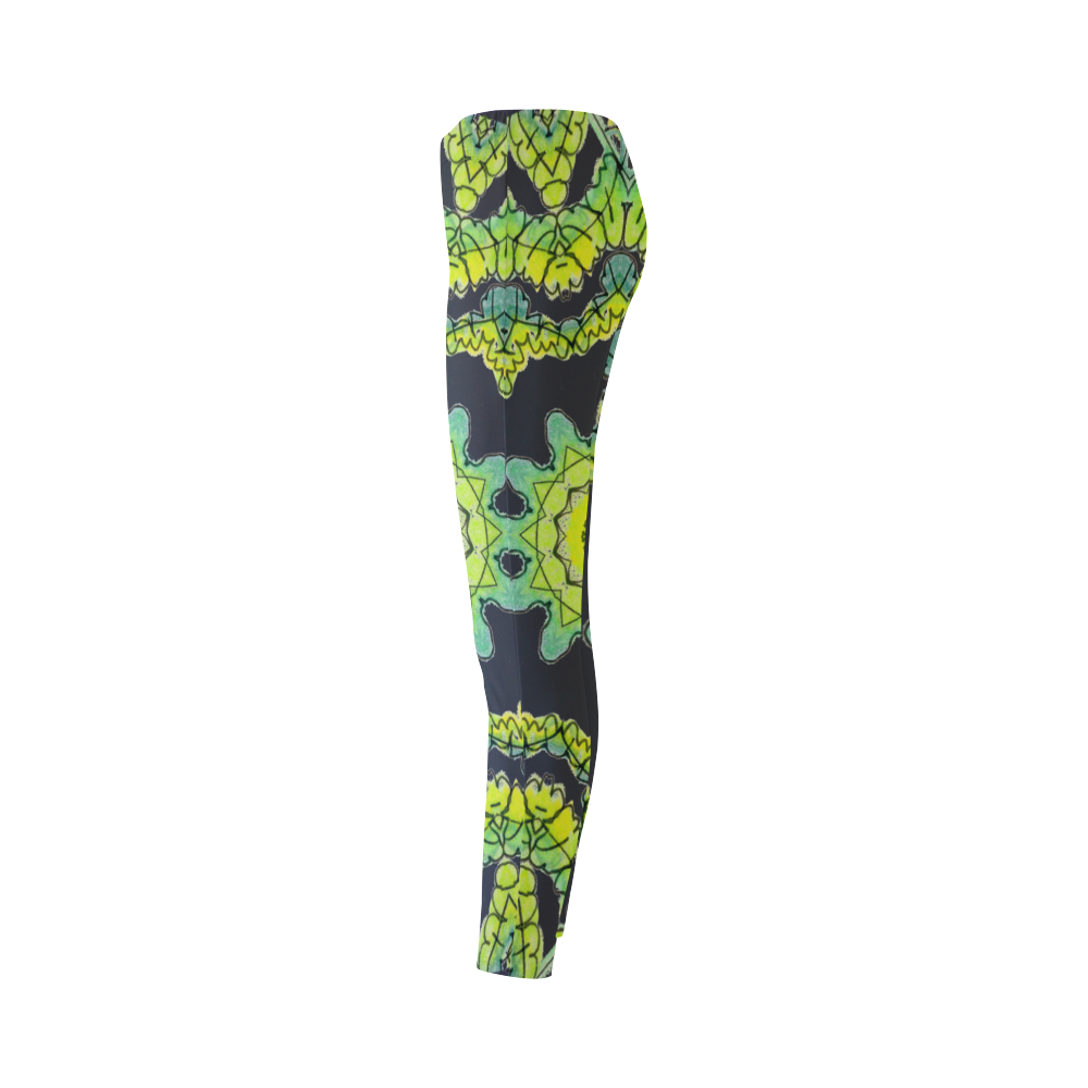 Glowing Green Leaves Flower Arches Star Mandala Black Cassandra Women's Leggings (Model L01)