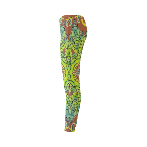 Lime Green Yellow Leaves Star Matrix Mandala Brown Cassandra Women's Leggings (Model L01)