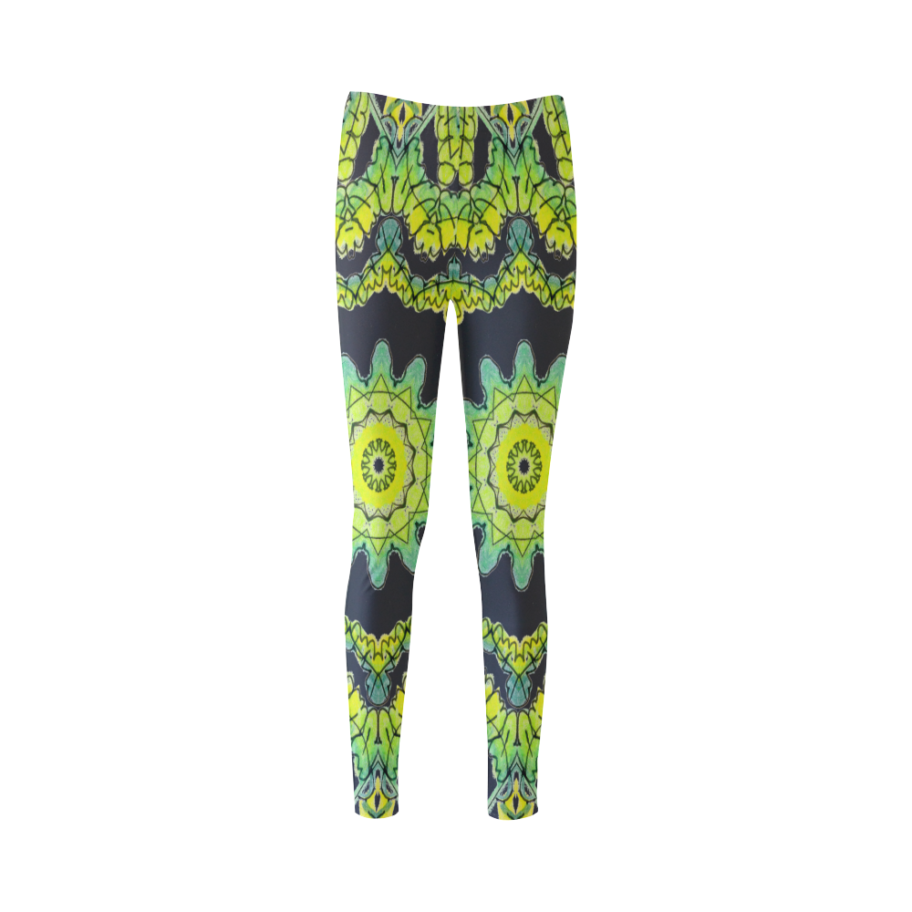 Glowing Green Leaves Flower Arches Star Mandala Black Cassandra Women's Leggings (Model L01)