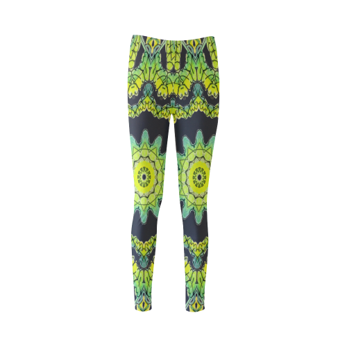 Glowing Green Leaves Flower Arches Star Mandala Black Cassandra Women's Leggings (Model L01)