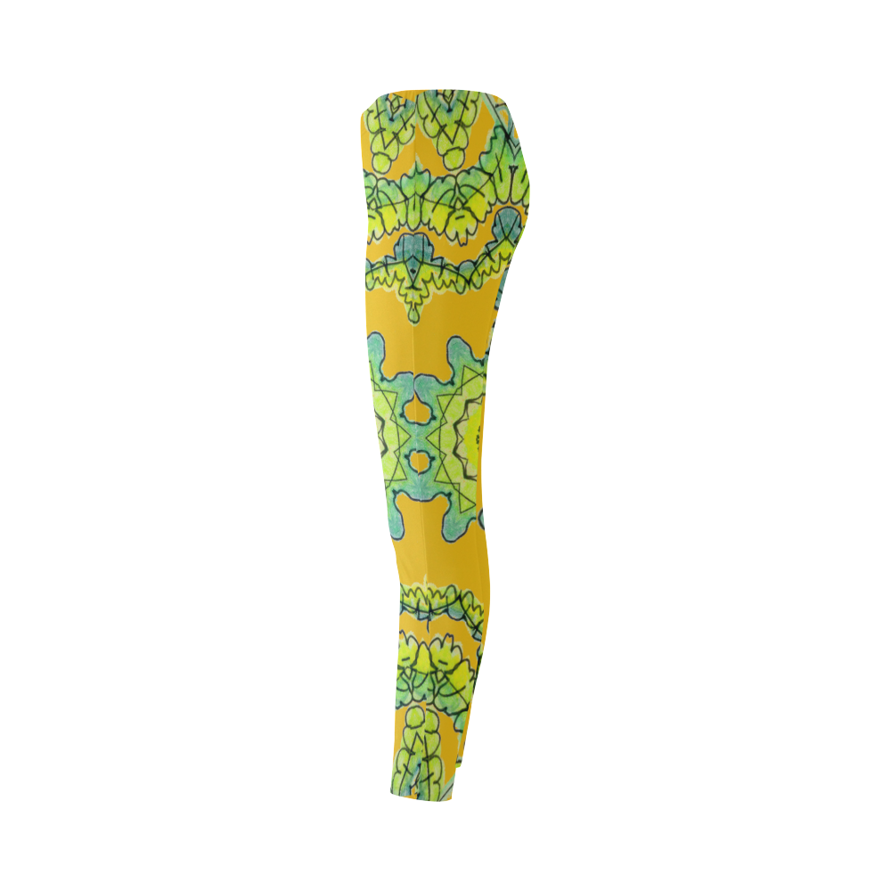 Glowing Green Leaves Flower Arches Star Mandala Gold Cassandra Women's Leggings (Model L01)