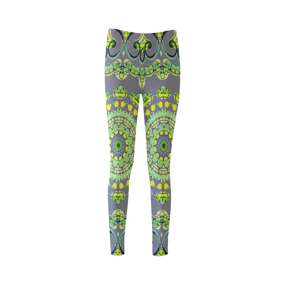 Green Lace Flowers, Leaves Mandala Design Gray Cassandra Women's Leggings (Model L01)