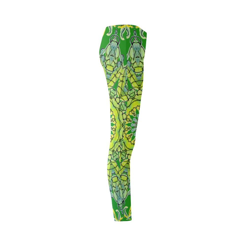 Lime Green Yellow Leaves Star Matrix Mandala Green Cassandra Women's Leggings (Model L01)