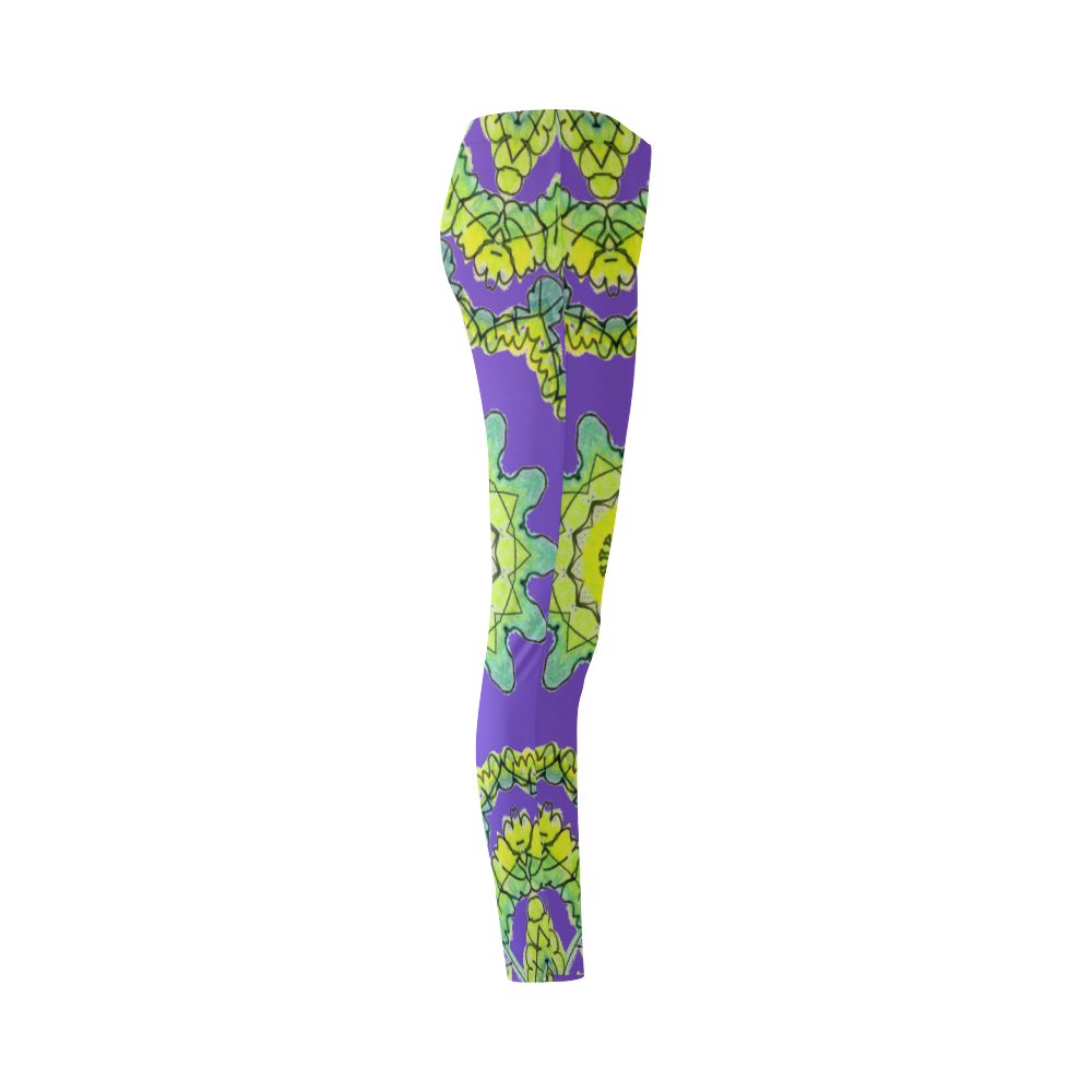 Glowing Green Leaves Flower Arches Star Mandala Purple Cassandra Women's Leggings (Model L01)