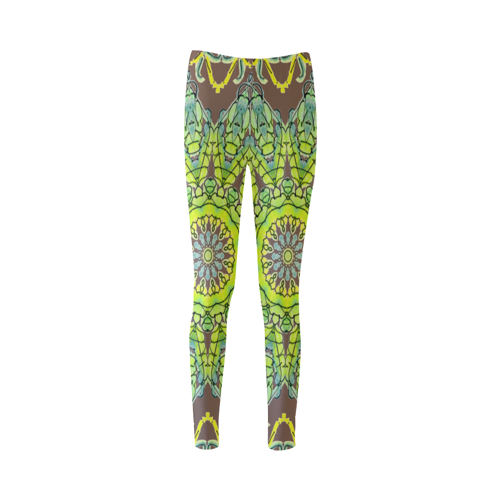 Lime Green Yellow Leaves Star Matrix Mandala Dark Brown Cassandra Women's Leggings (Model L01)