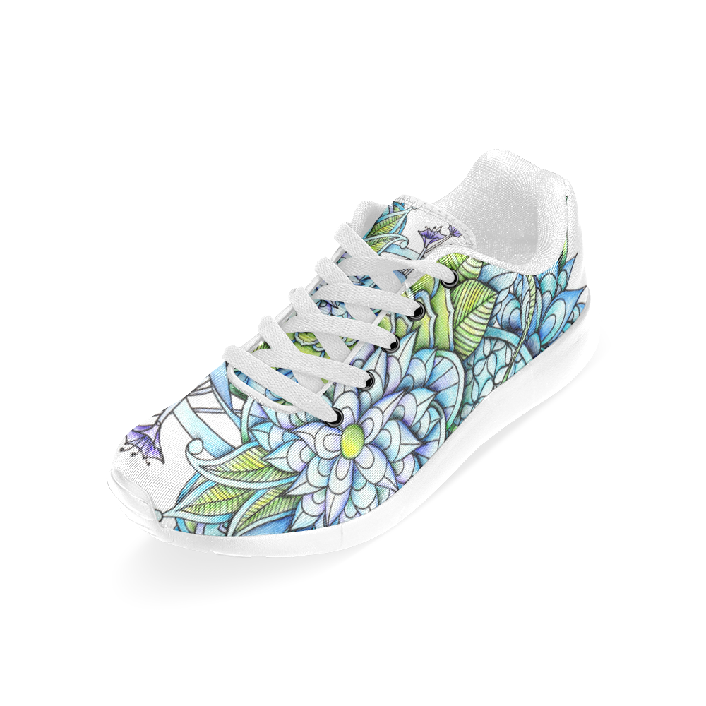 Blue green flower drawing Peaceful Garden Men’s Running Shoes (Model 020)