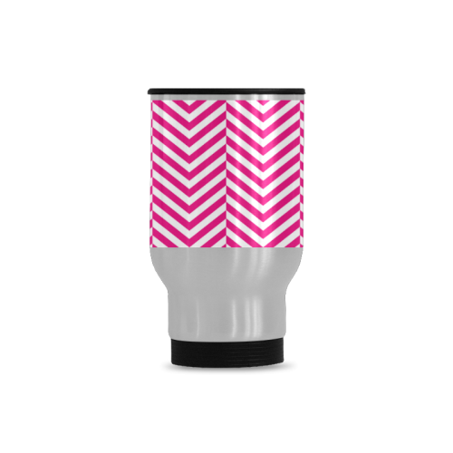 hot pink and white classic chevron pattern Travel Mug (Silver) (14 Oz)